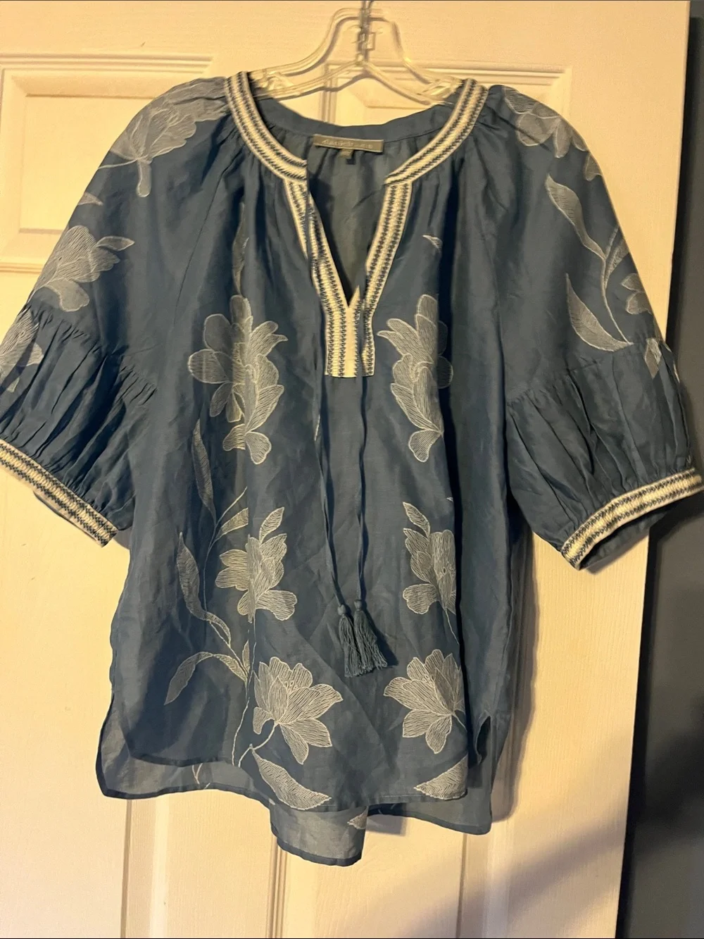 Blue Floral Embroidered Peasant Blouse - Picture 1 of 1